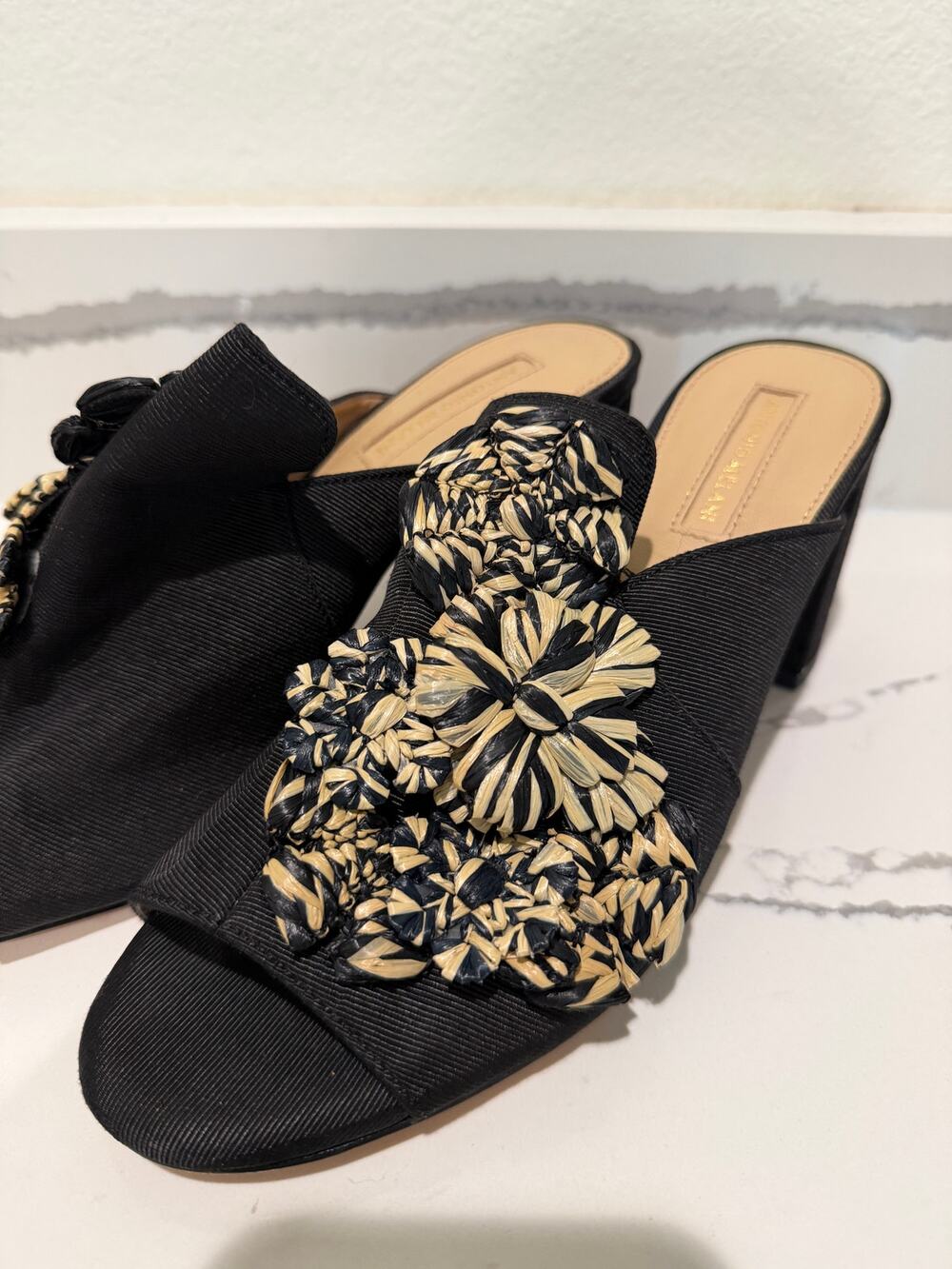 Antonio Melani Black Grosgrain Raffia Floral Heeled Mules Sandals Women Size 7.5